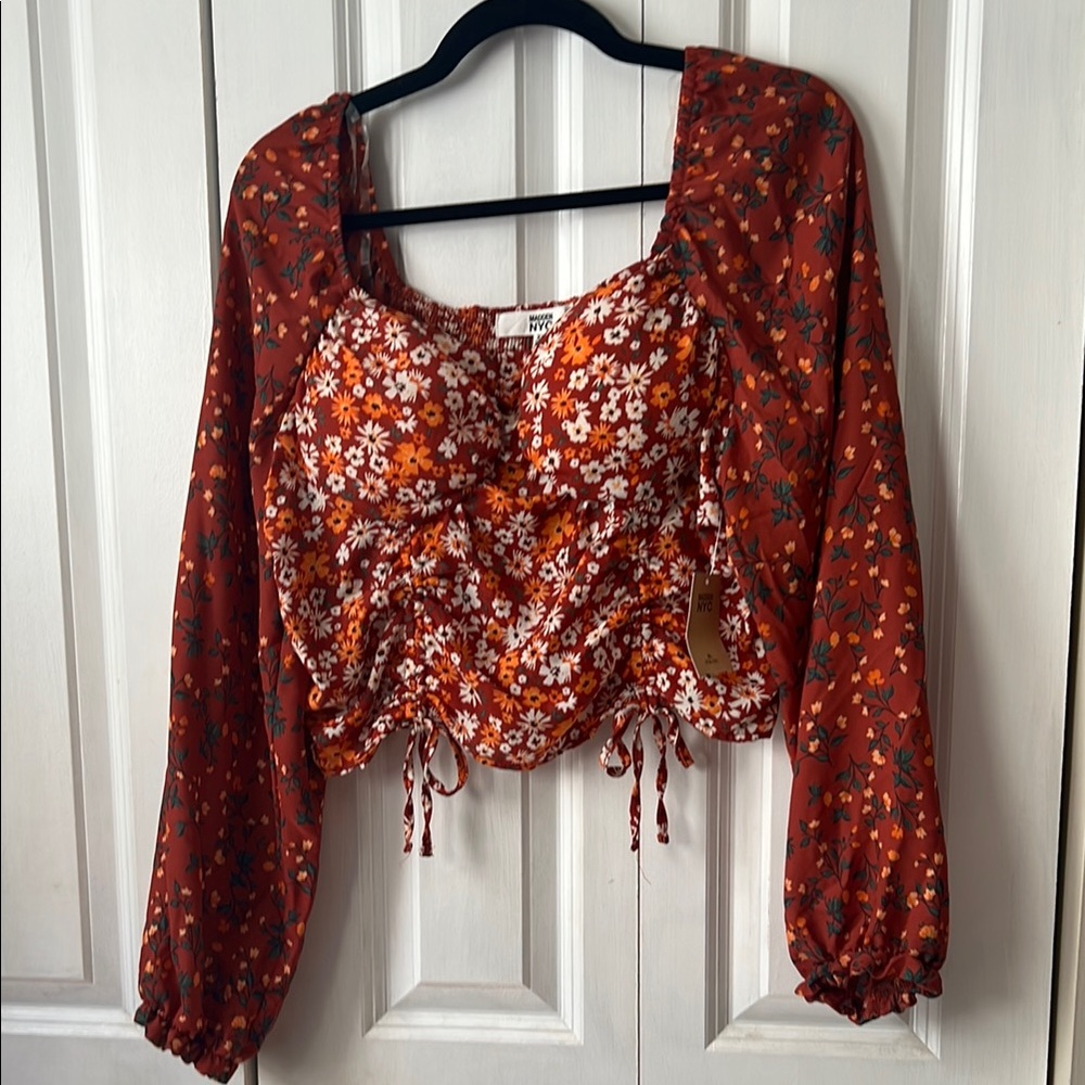 Madden Girl Floral Rust Blouse with Ruched Front